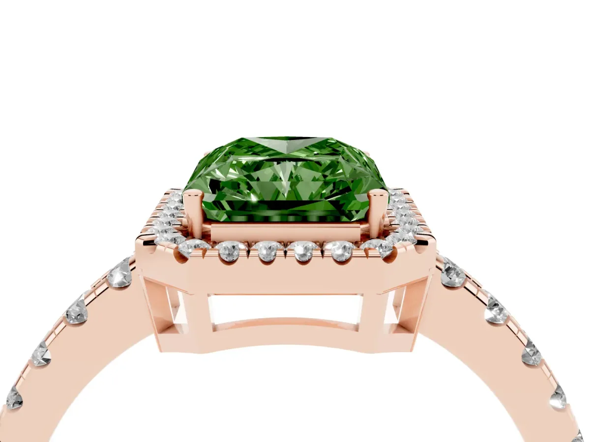 Fancy Green Radiant Cut Diamond Halo Ring with Pavé Band and Four-Prong Setting Rose gold