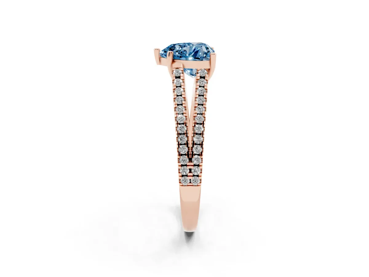 Fancy Blue Heart Cut Diamond Solitaire Engagement Ring with Split Shank Pavé Band Rose gold
