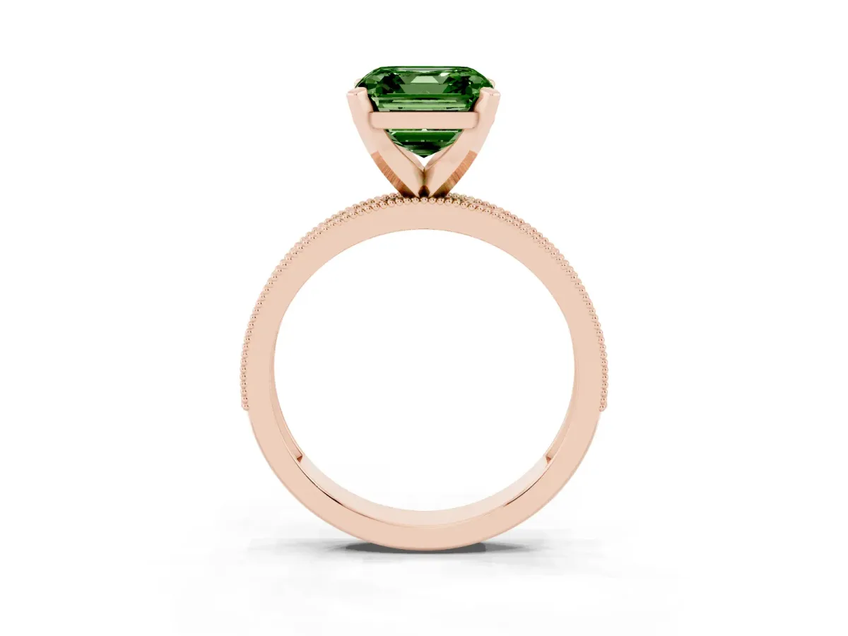 Fancy Green Asscher Cut Diamond Milgrain Pavé Engagement Ring with Four-Prong Setting Rose gold