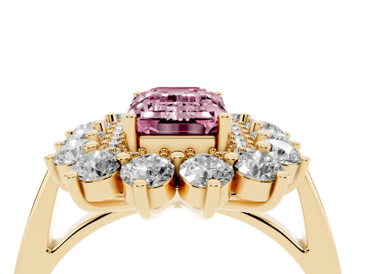 Fancy Pink Emerald Cut Diamond Floral Double Halo Engagement Ring with Prong Setting Yellow gold