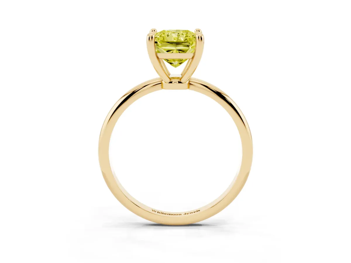 Fancy Yellow Radiant Cut Solitaire Diamond Ring with 4-Prong Setting on a Classic Band Yellow gold