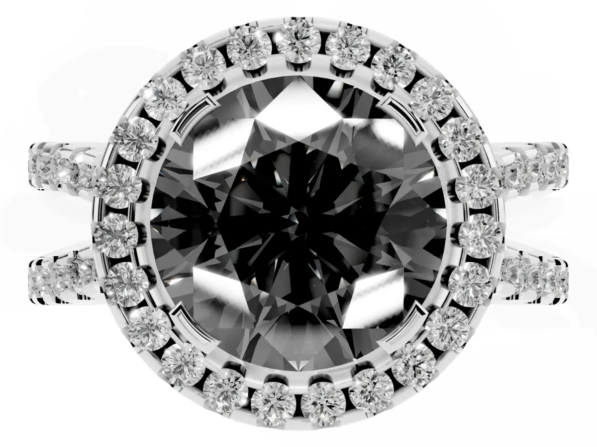 Fancy Black Round Cut Diamond Halo Ring with Split Shank Pavé Band and Prong Setting Silver