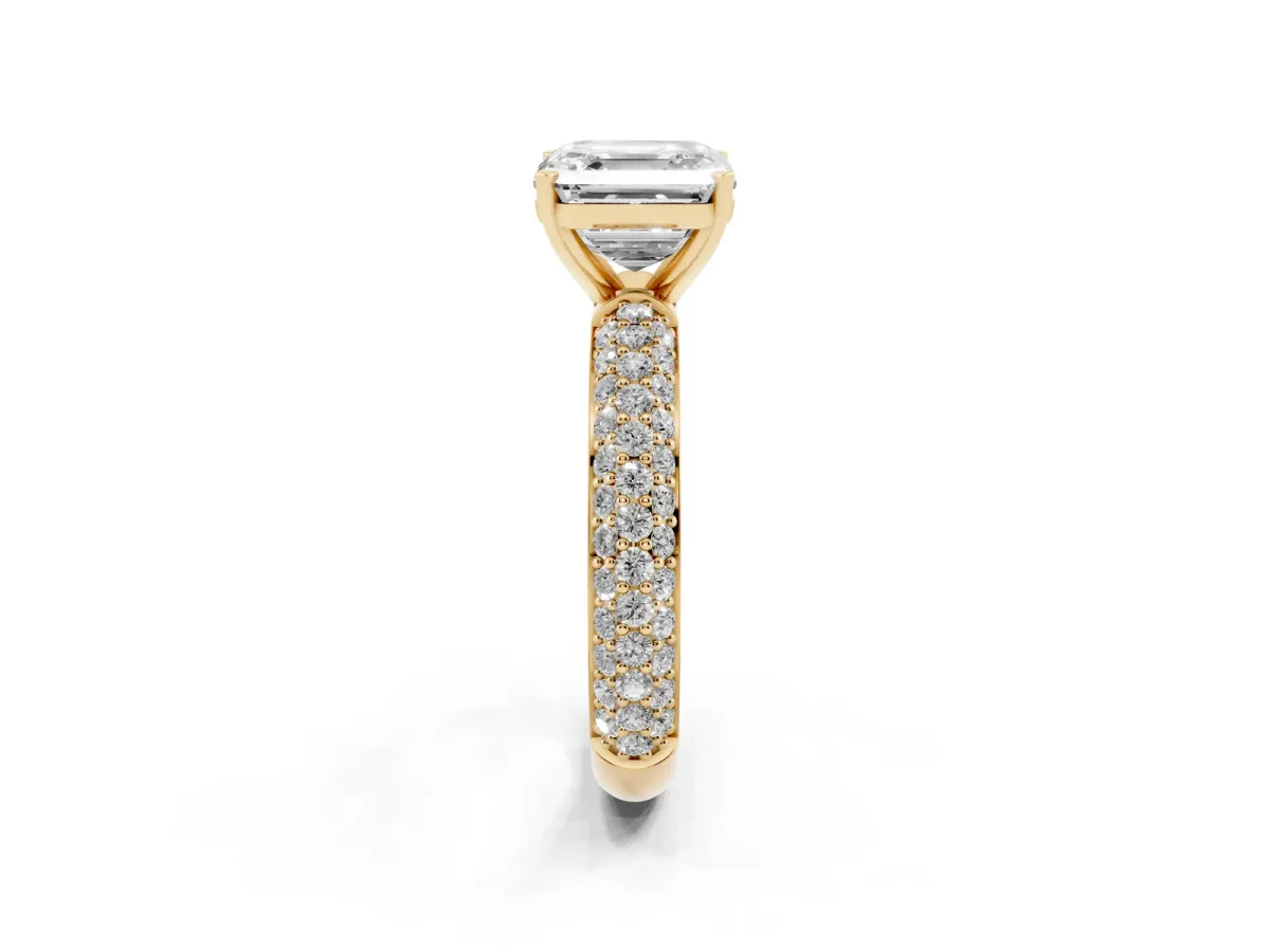Asscher Cut Diamond Solitaire Ring with Prong Setting and Pavé Band Yellow gold