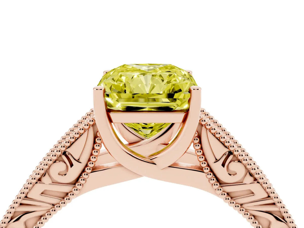Fancy Yellow Radiant Cut Diamond Solitaire Ring with Engraved Band and Four-Prong Setting Rose gold
