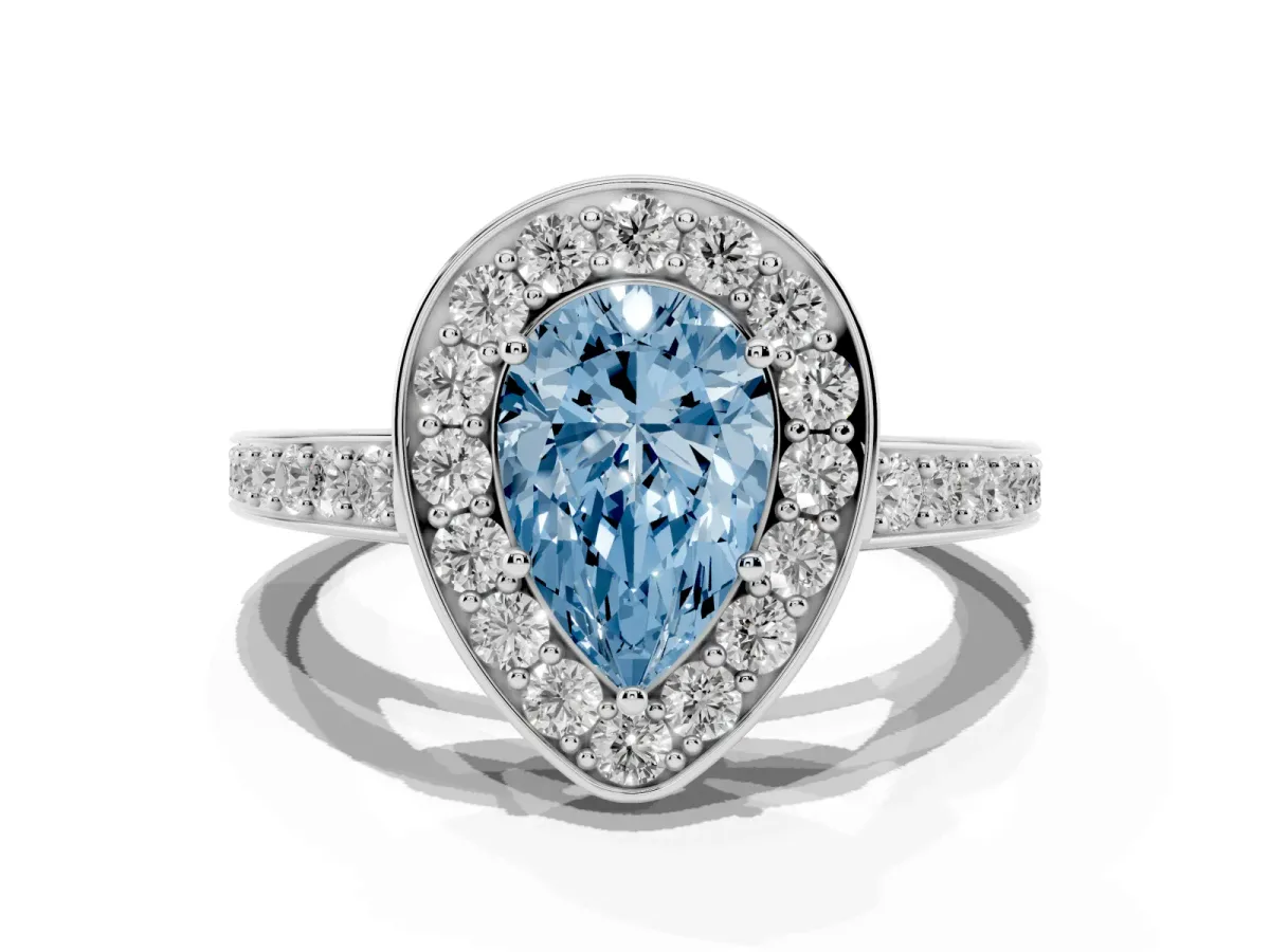 Fancy Blue Pear Cut Halo Pavé Diamond Engagement Ring with Bezel Setting Platinum