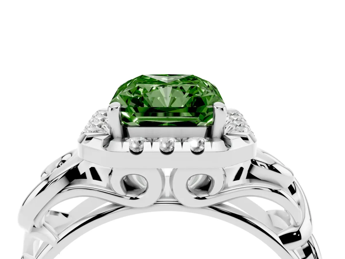 Fancy Green Radiant Cut Cut Halo Diamond Ring with Scrollwork Band and Four-Prong Setting Platinum