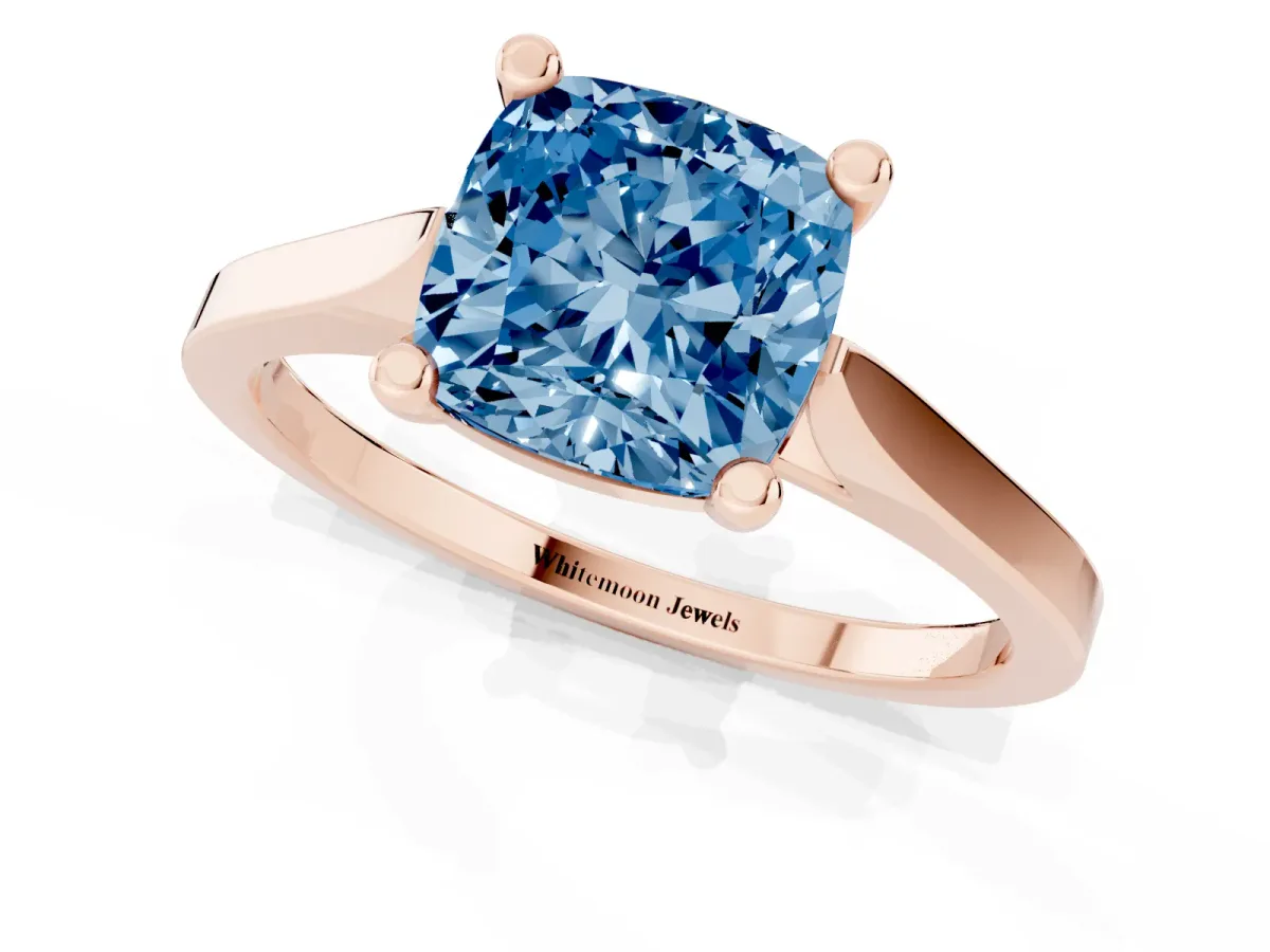 Fancy Blue Cushion Cut Solitaire Diamond Ring with Four-Prong Setting and Tapered Band Rose gold