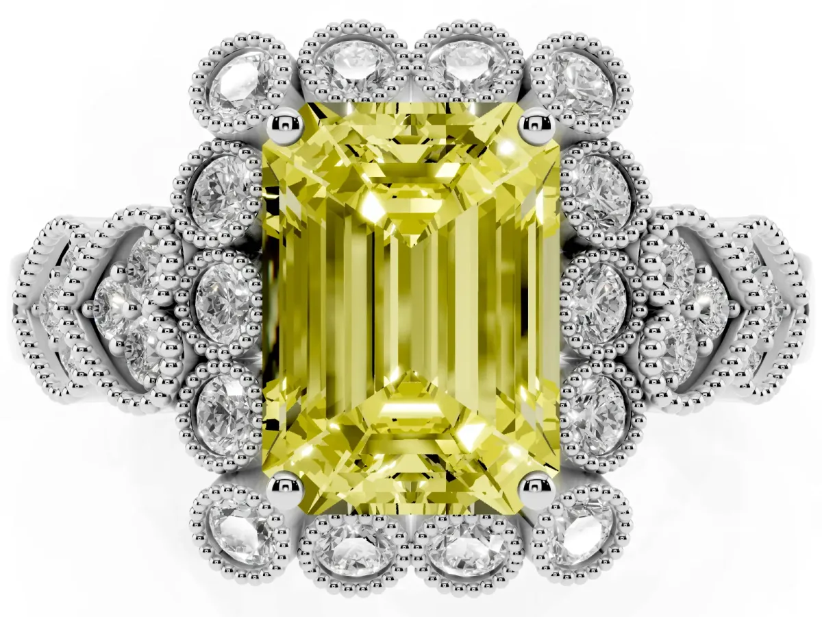 Fancy Yellow Emerald Cut Brilliant Milgrain Pave Heart Band Solitaire Ring Silver