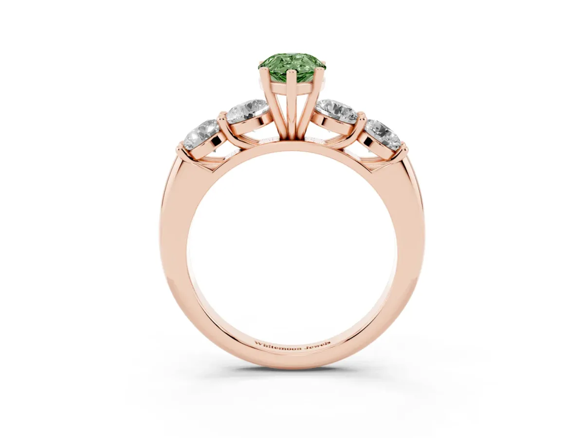 Fancy Green Pear Cut Cut Five-Stone Prong Set Diamond Ring with Classic Band Rose gold