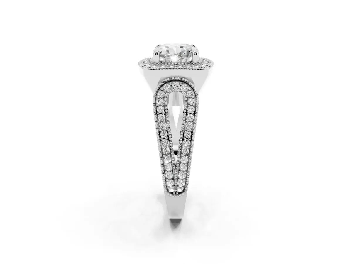 Cushion Cut Halo Split Shank Milgrain Diamond Ring Platinum