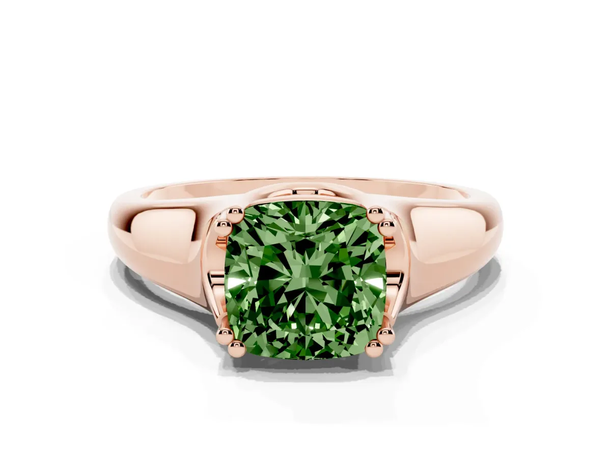 Fancy Green Cushion Cut Diamond Solitaire Ring with Wide Band and Prong Setting Rose gold
