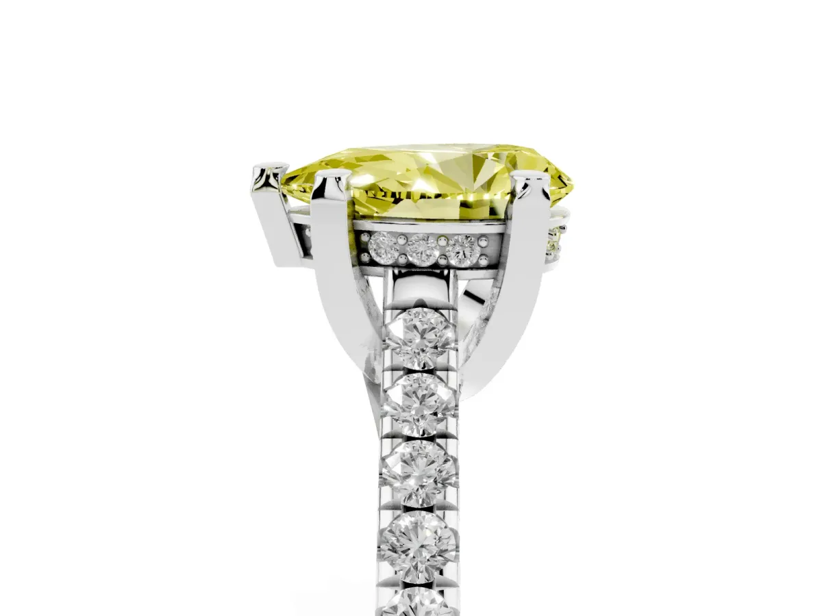 Fancy Yellow Pear Cut Brilliant Diamond Solitaire with Pavé Band and Four-Prong Setting Silver