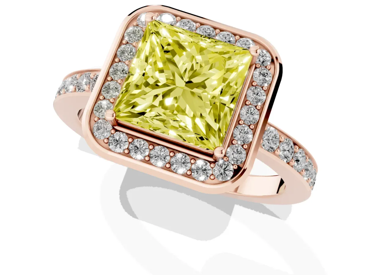 Fancy Yellow Princess Cut Diamond Halo Ring with Bezel Frame and Pavé Band Rose gold