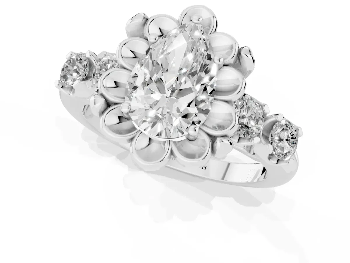Pear Cut Cut Diamond Floral Halo Engagement Ring with Shared Prong Setting Silver