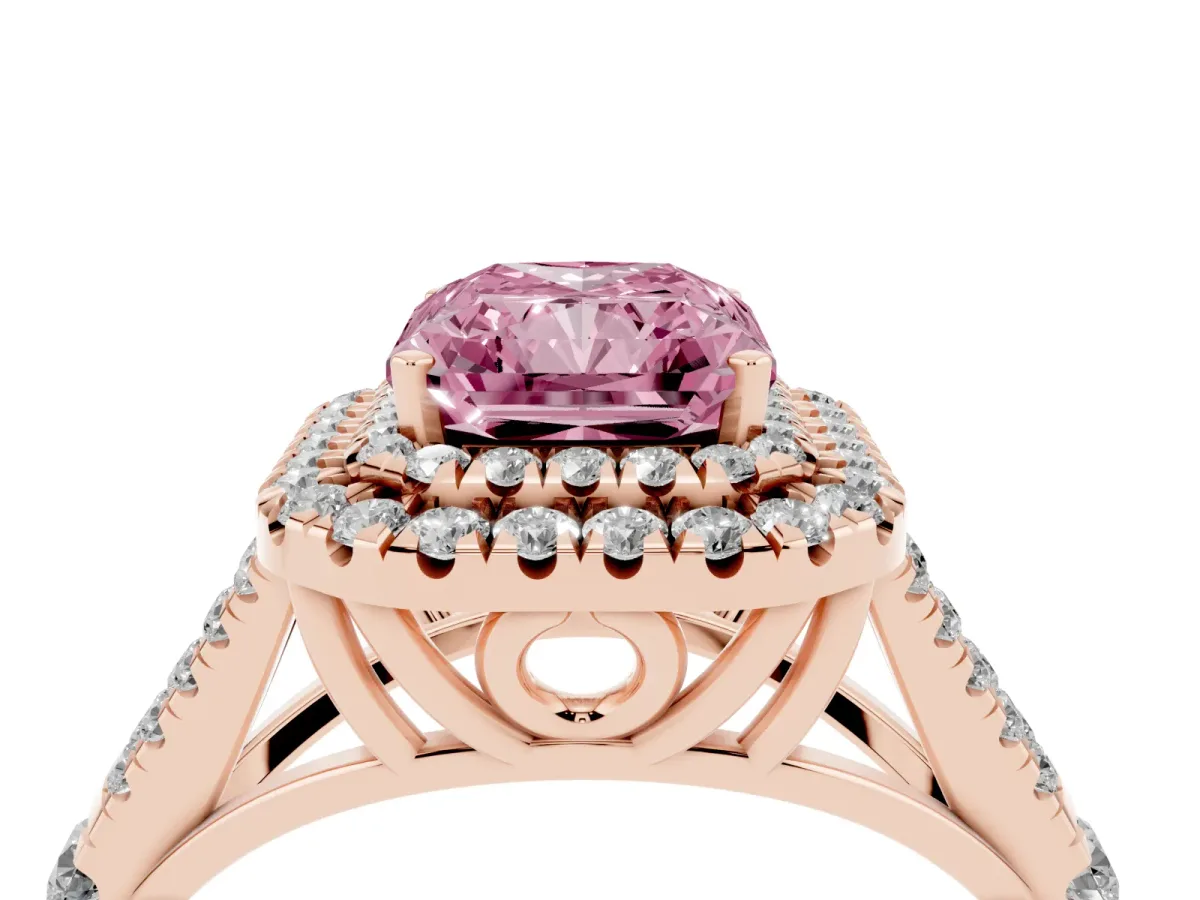 Fancy Pink Radiant Cut Cut Double Halo Split Shank Diamond Ring with Prong Setting Rose gold