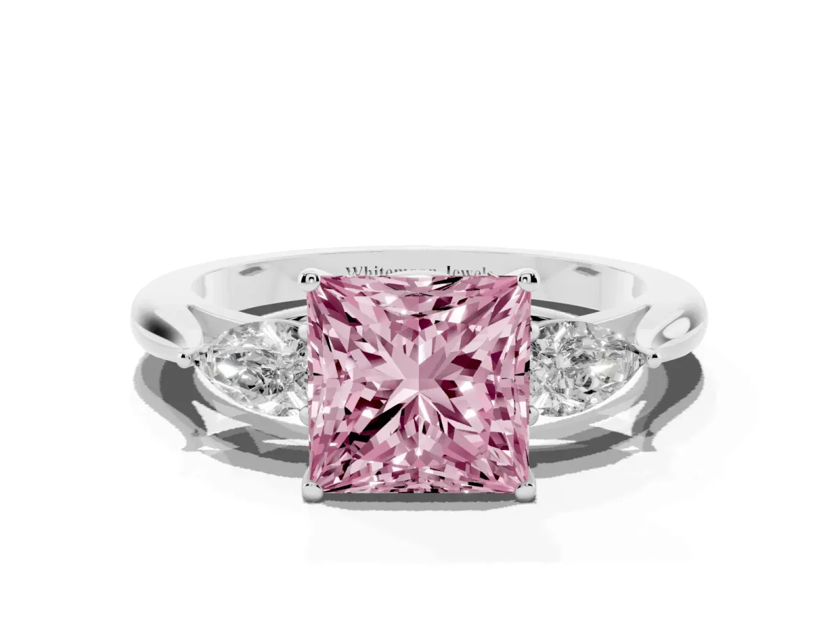 Fancy Pink Three-Stone Princess Cut Diamond Ring with Pear Side Stones in Four-Prong Setting Silver