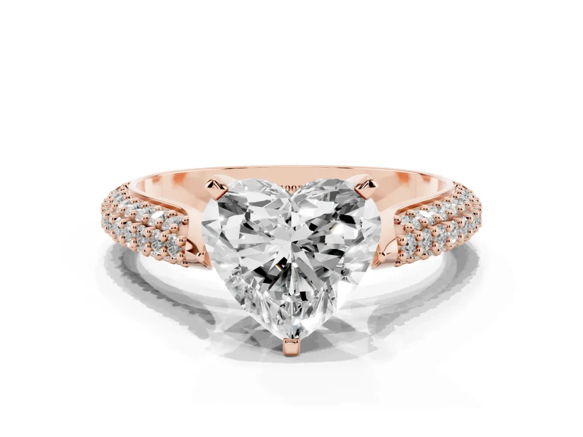 Heart Cut Diamond Solitaire Engagement Ring with Multi-Row Round Pavé Band and Prong Setting Rose gold