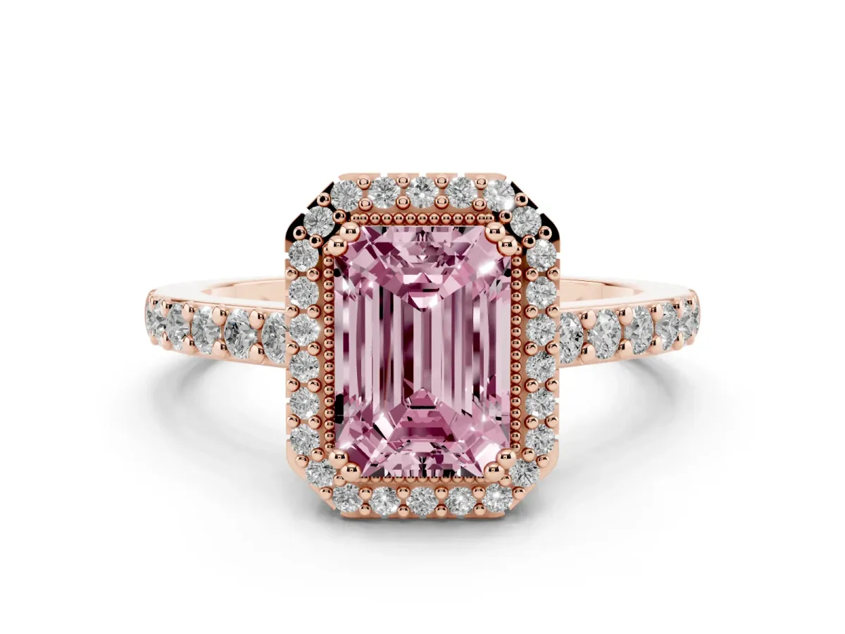 Fancy Pink Emerald Cut Cut Diamond Halo Engagement Ring with Milgrain Detail and Pavé Band Rose gold
