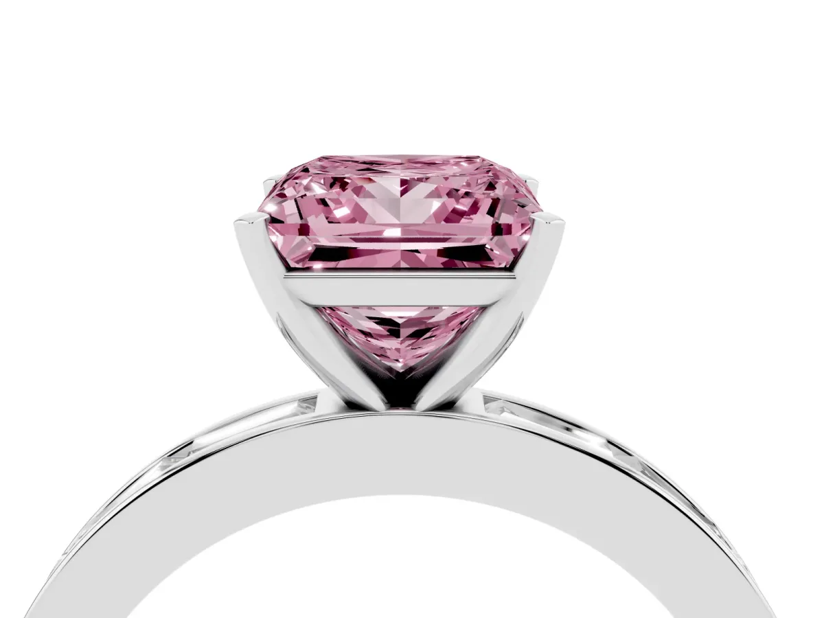 Fancy Pink Princess Cut Solitaire Diamond Ring with Channel-Set Baguette Band and Four-Prong Setting Silver