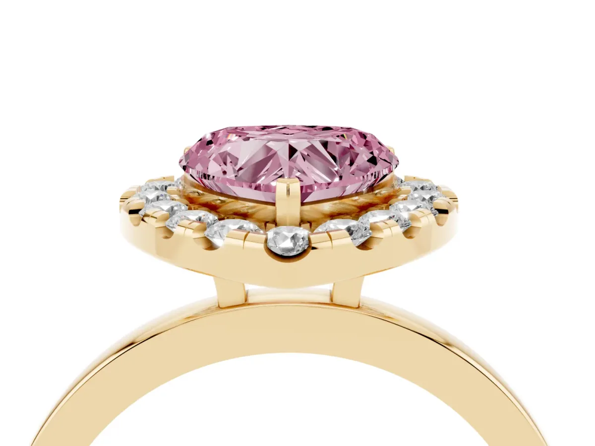 Fancy Pink Heart Cut Halo Diamond Solitaire with Pavé Band and Four-Prong Setting Yellow gold