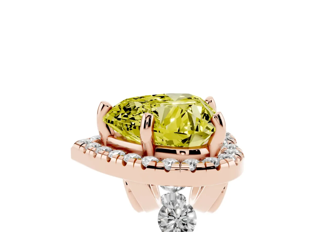 Fancy Yellow Heart Cut Halo Pavé Diamond Engagement Ring with Four-Prong Setting Rose gold