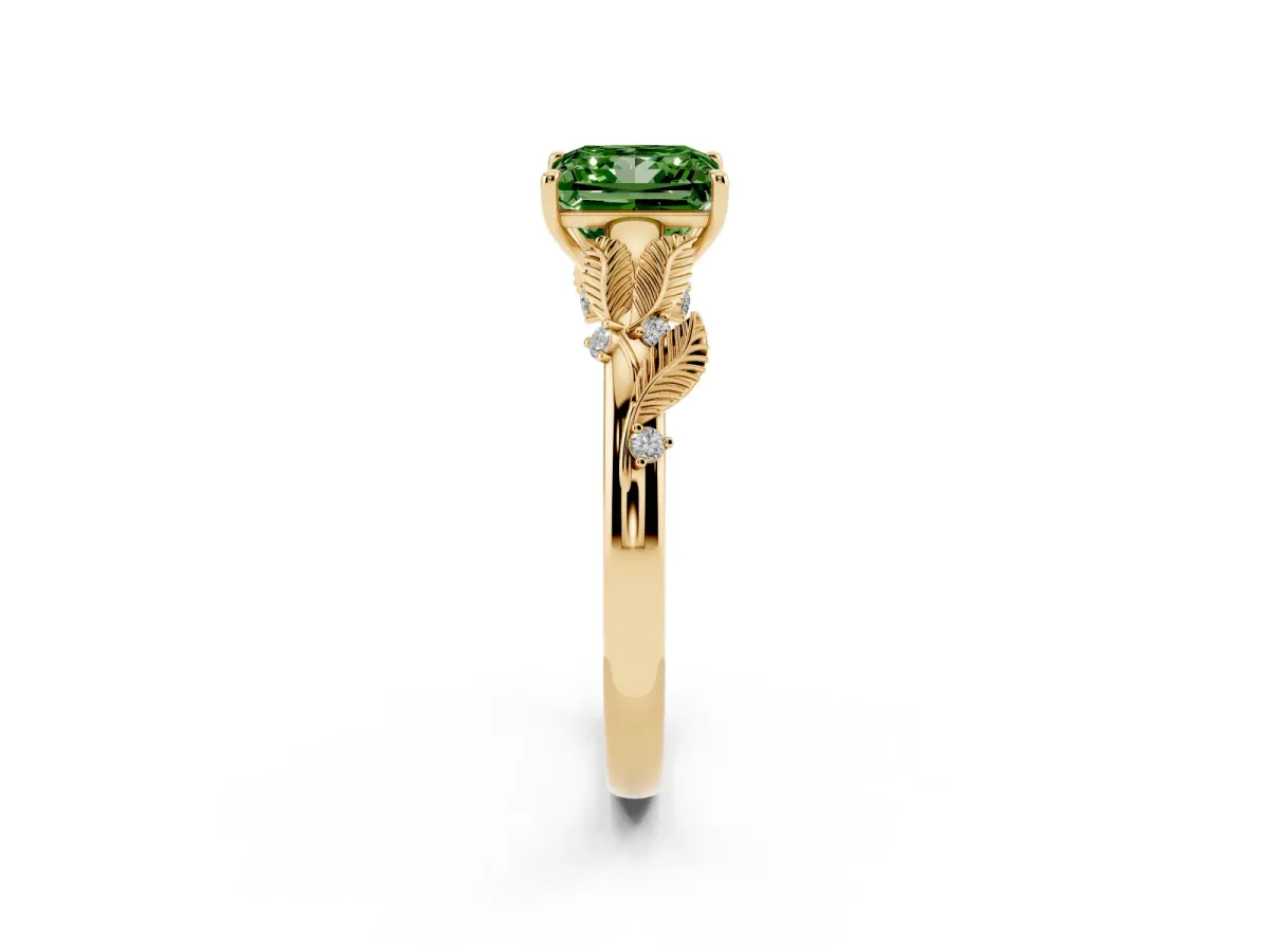 Fancy Green Princess Cut Diamond Solitaire Ring with Leaf Motif Band and Four-Prong Setting Yellow gold