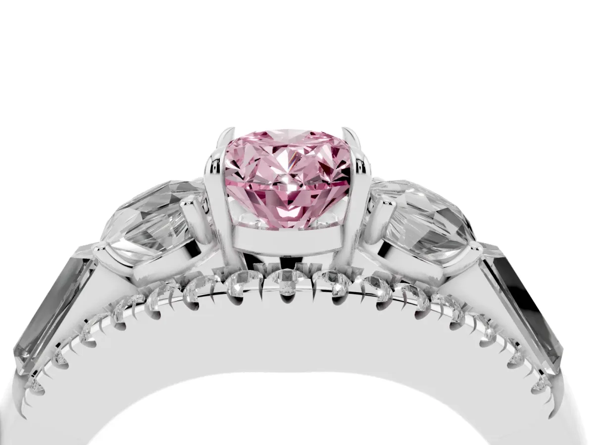 Fancy Pink Three-Stone Oval Cut Diamond Engagement Ring with Pave Band and Prong Setting Silver
