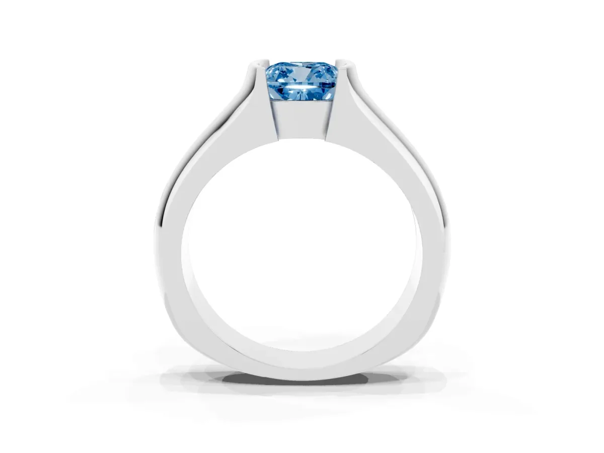 Fancy Blue Cushion Cut Solitaire Bezel Set Diamond Ring with Wide Band Silver