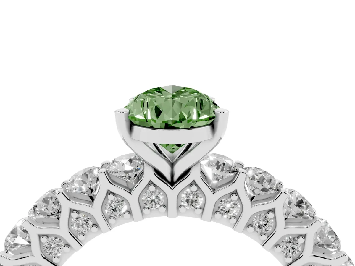Fancy Green Pear Cut Diamond Solitaire Ring with Shared Prong Pavé Band and Four-Prong Setting Silver