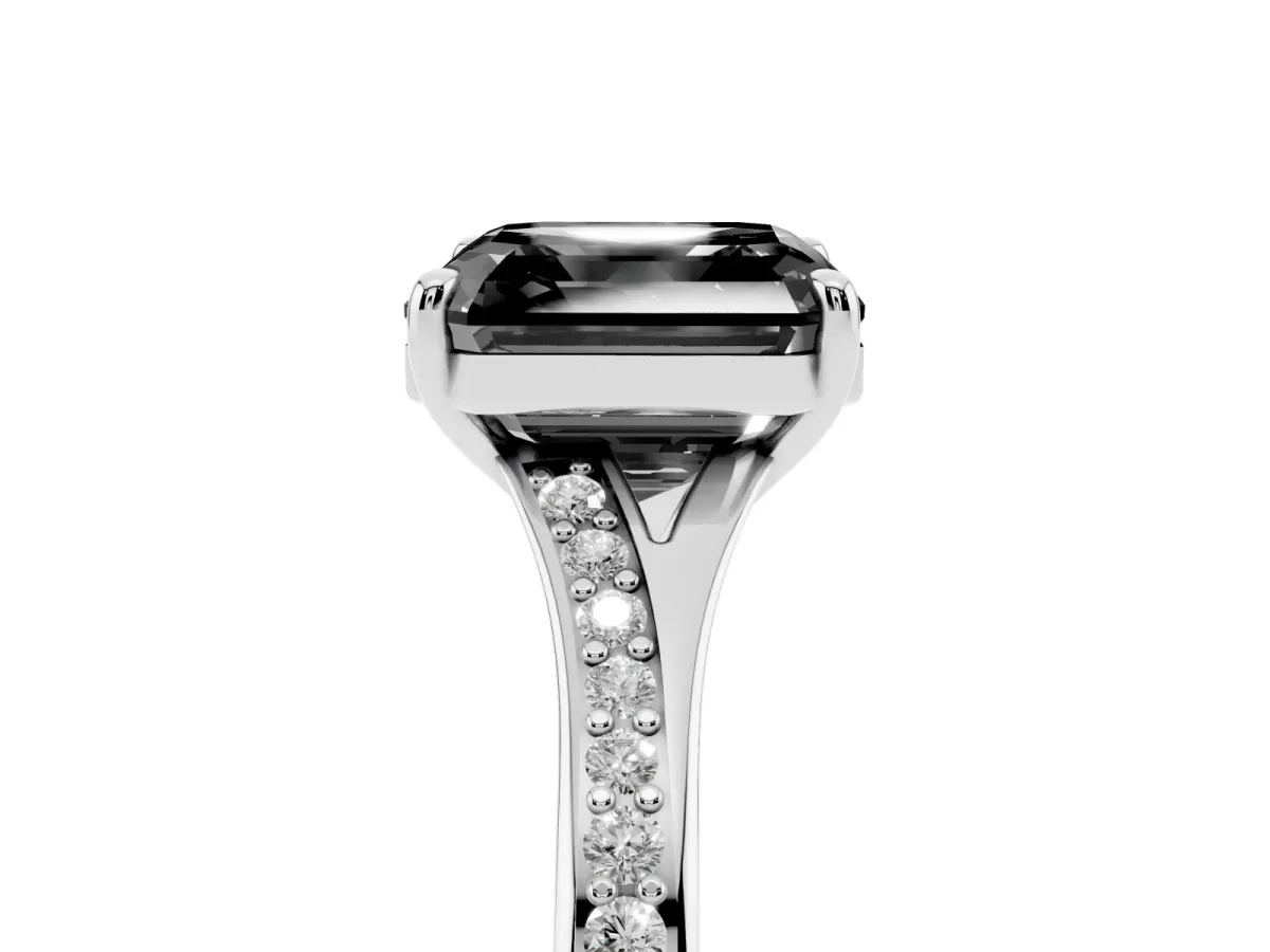 Fancy Black Asscher Cut Diamond Solitaire Ring with Pavé Band and Prong Setting Silver