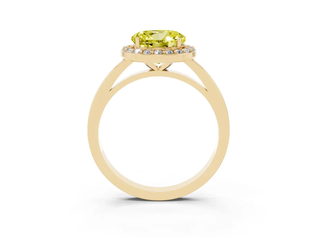 Fancy Yellow Round Cut Halo Diamond Ring with Solitaire Band and Prong Setting Yellow gold