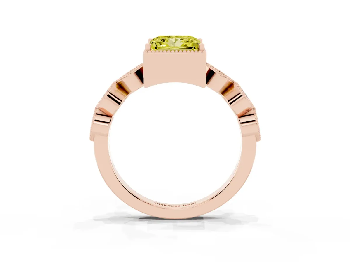 Fancy Yellow Princess Cut Diamond Vintage Milgrain Ring with Round Stations Rose gold