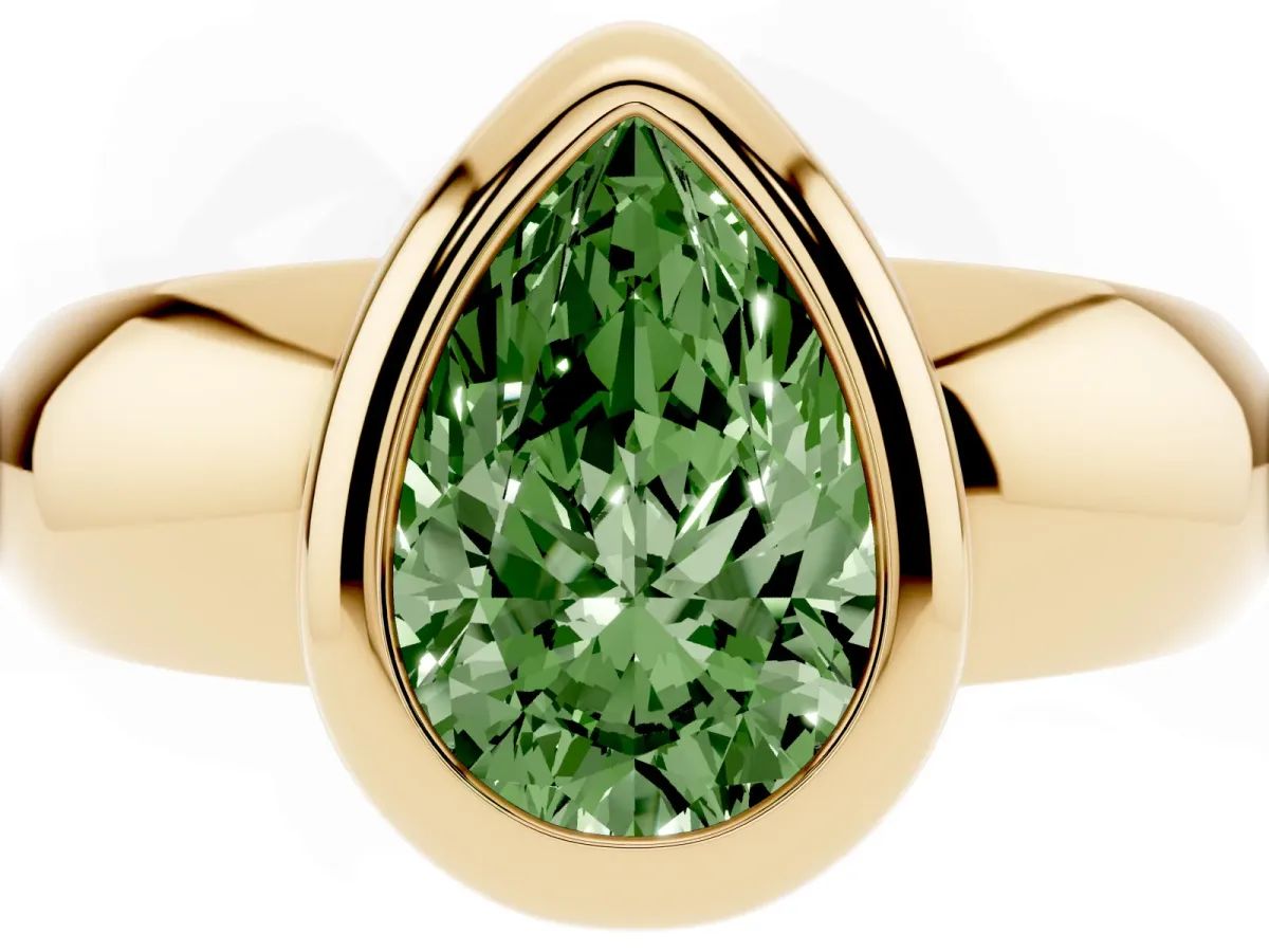 Fancy Green Bezel Set Pear Cut Solitaire Ring with Wide Band Yellow gold