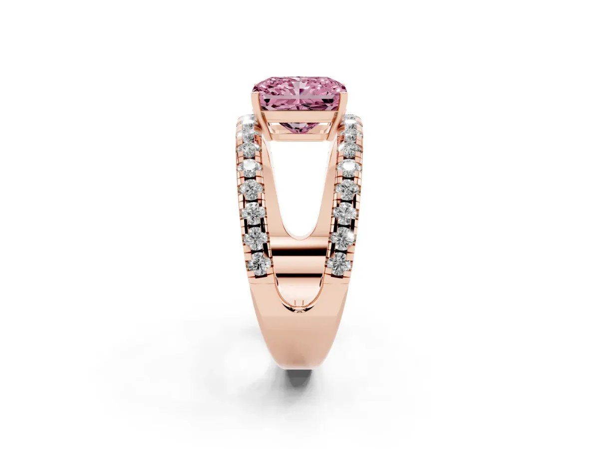 Fancy Pink Radiant Cut Solitaire Split Shank Pave Diamond Ring Rose gold