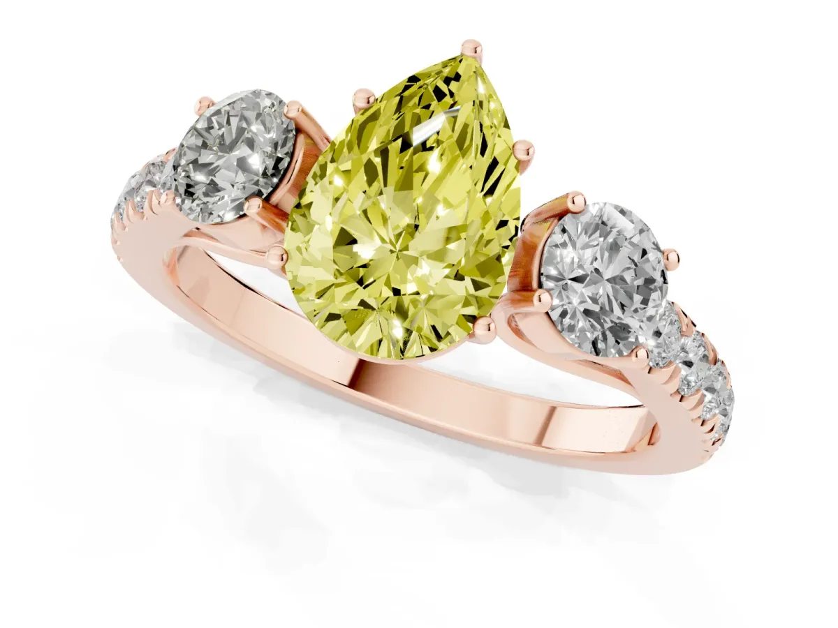 Fancy Yellow Pear Cut Cut Diamond Three-Stone Ring with Round Side Stones and Pavé Band Rose gold