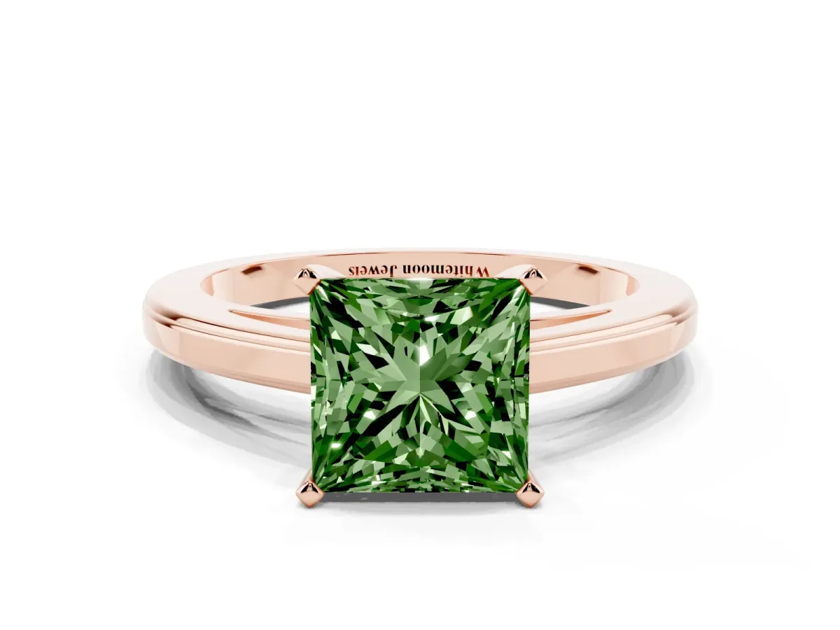 Fancy Green Princess Cut Solitaire Diamond Ring with Four-Prong Setting and Classic Band Rose gold