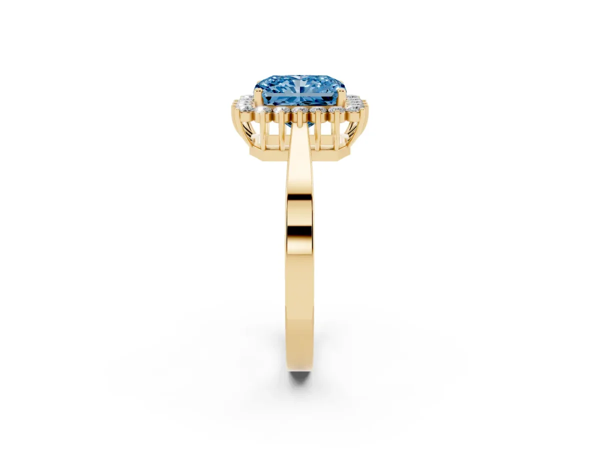 Fancy Blue Radiant Cut Cut Diamond Halo Ring with Round Brilliant Halo and Solitaire Band Yellow gold