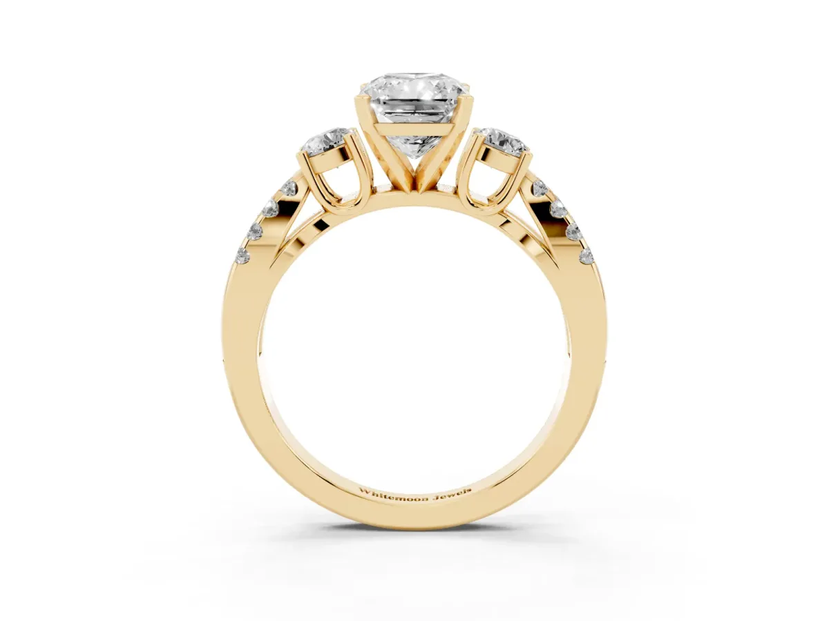 Radiant Cut Diamond Three-Stone Ring with Pavé Split Shank and Four-Prong Setting Yellow gold