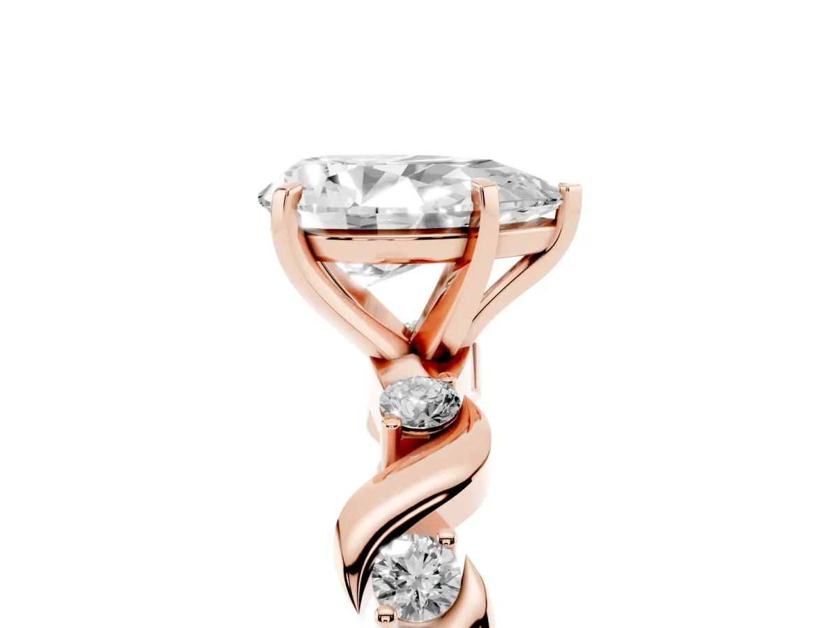 Pear Cut Diamond Solitaire Twisted Band with Round Accents and Prong Setting Rose gold