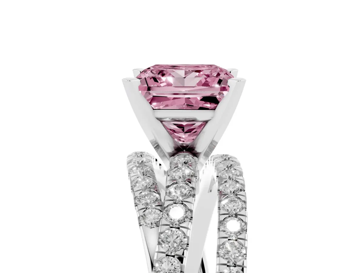 Fancy Pink Princess Cut Solitaire Twist Band with Pavé Setting and Four-Prong Setting Platinum