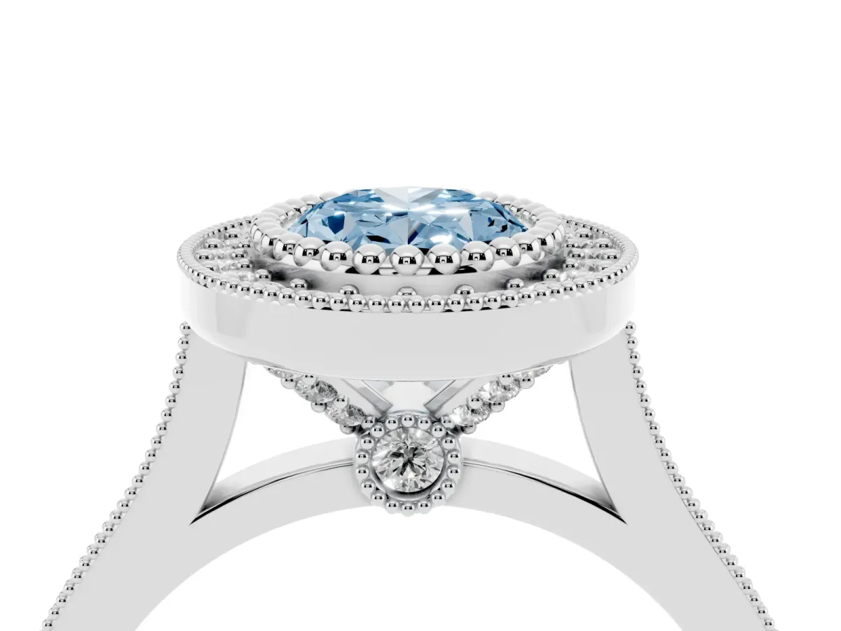 Fancy Blue Oval Cut Diamond Halo Ring with Milgrain Frame and Pavé Band Silver