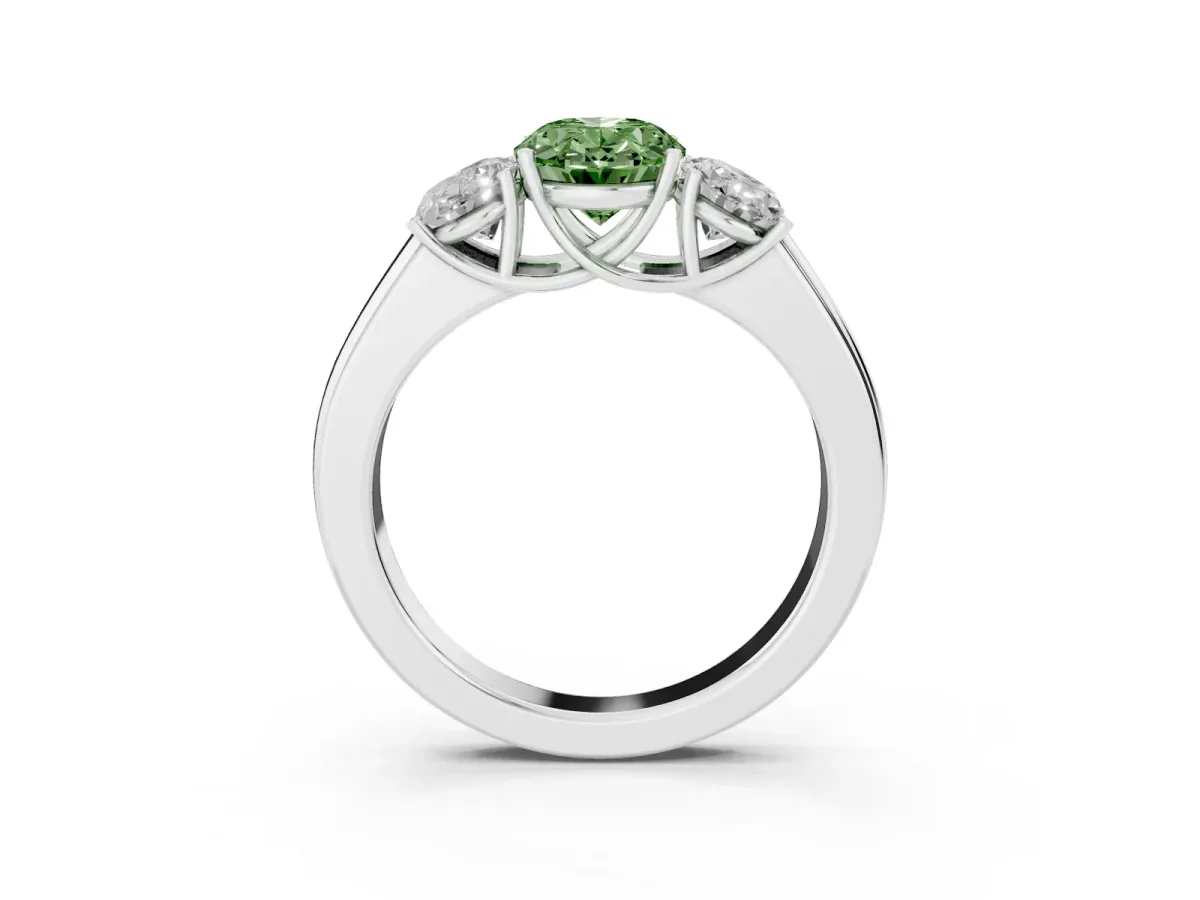 Fancy Green Three-Stone Oval Cut Cut Diamond Ring with Prong Setting and Classic Band Silver