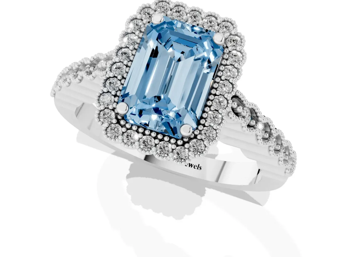 Fancy Blue Emerald Cut Cut Halo Pavé Solitaire Ring with Milgrain Band Silver