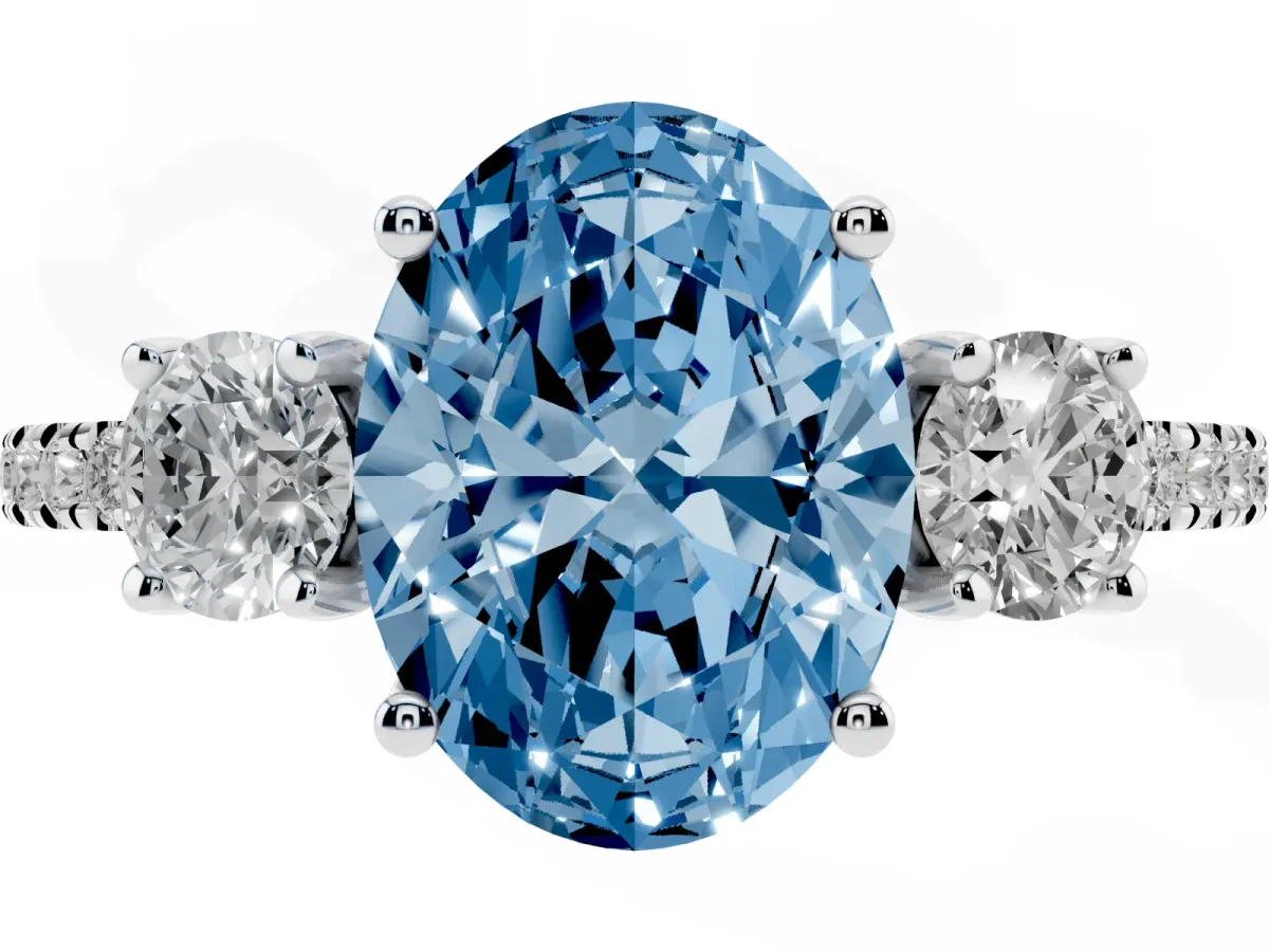 Fancy Blue Three-Stone Oval Cut Cut Diamond Pavé Band with Prong Setting Platinum
