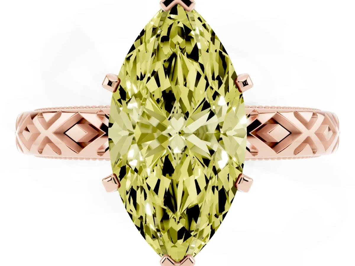 Fancy Yellow Marquise Cut Solitaire Diamond Ring with Milgrain and Black Enamel X Pattern Band Rose gold