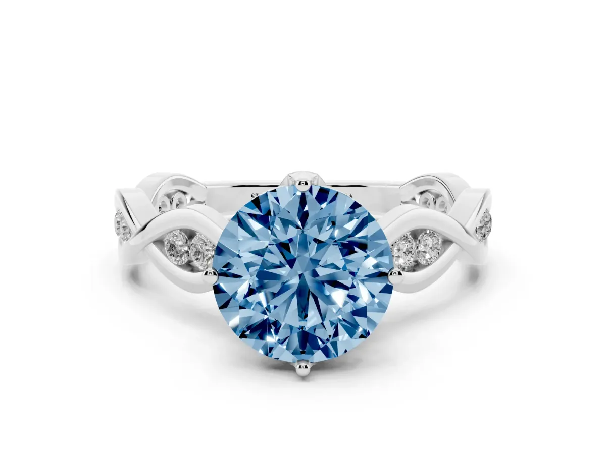 Fancy Blue Round Cut Solitaire Twist Band with Leaf Prong Setting Platinum