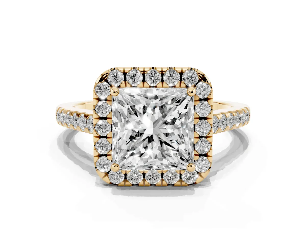 Princess Cut Halo Pave Diamond Engagement Ring with Four-Prong Setting Yellow gold