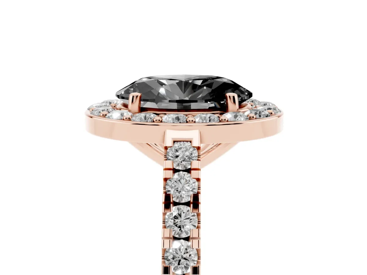 Fancy Black Oval Cut Diamond Halo Ring with Round Pavé Split Shank and Prong Setting Rose gold