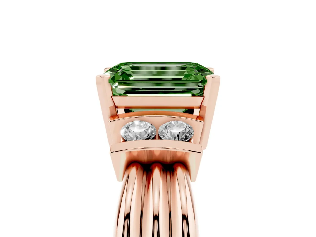 Fancy Green Emerald Cut Cut Three-Stone Channel Set Ring with Bar Prongs Rose gold
