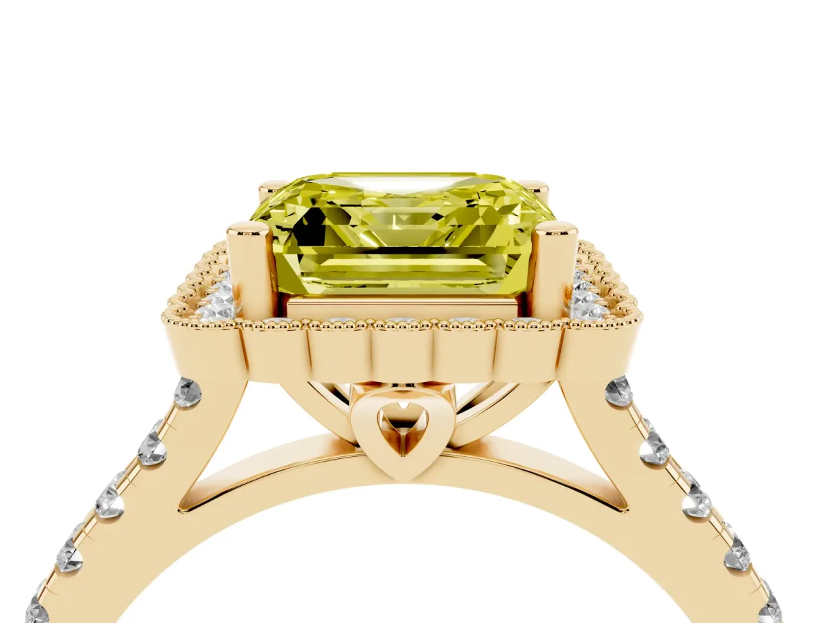 Fancy Yellow Asscher Cut Cut Diamond Milgrain Floral Halo Engagement Ring with Pavé Band Yellow gold